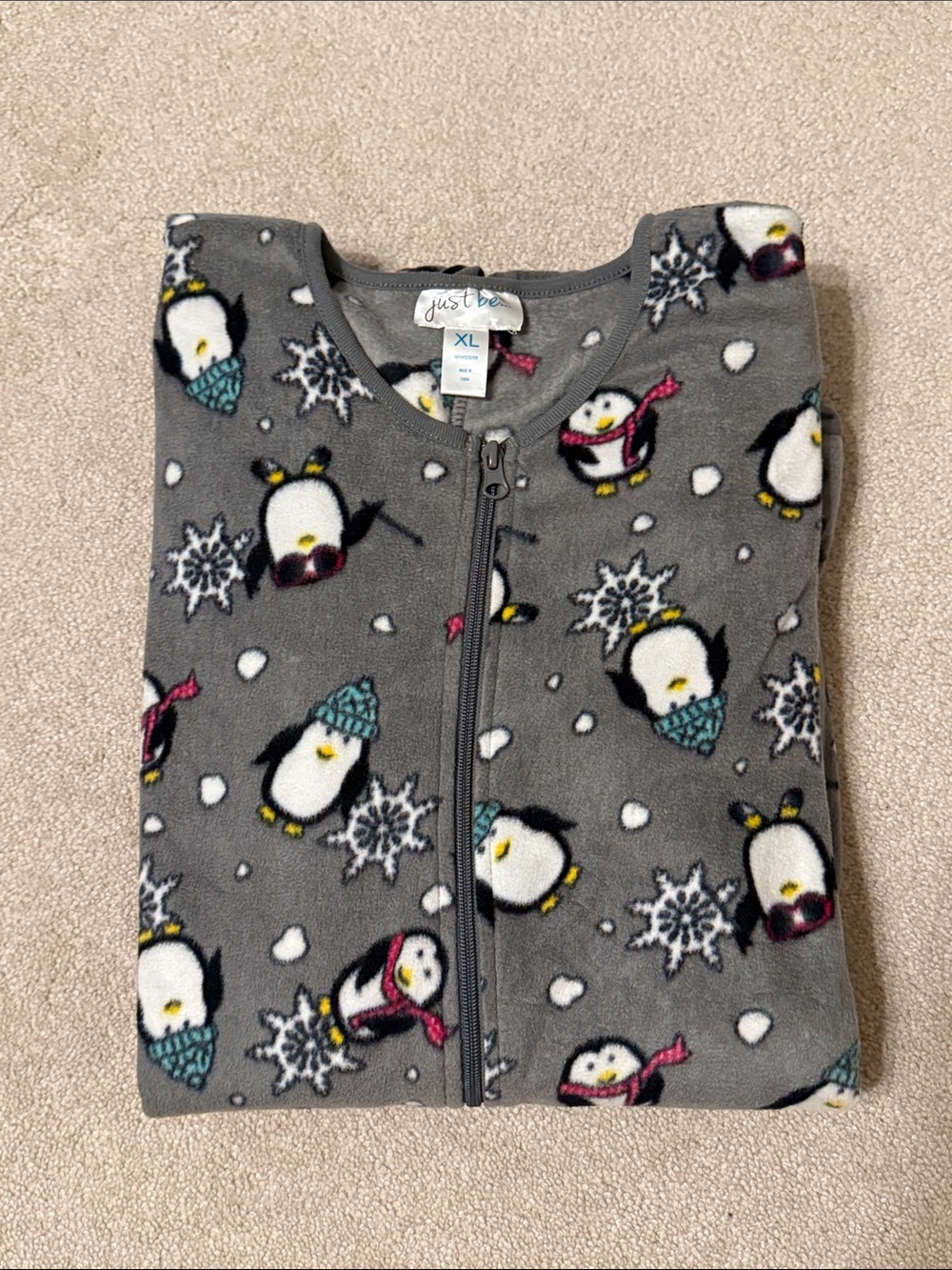 NWT Just Be Footed Pajama Onesie With Penguin Print Gray Size XL